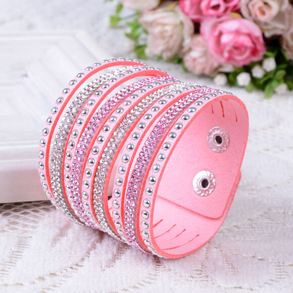 Faux Suede Pink Multi strand Wide Crystal Studded Goth Glam style Bracelet - Picture 3 of 3